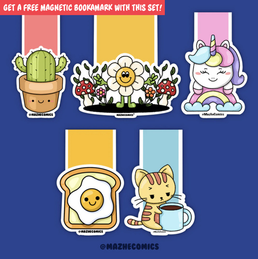 Set of 5 Cute Illustrated Magnetic Bookmarks